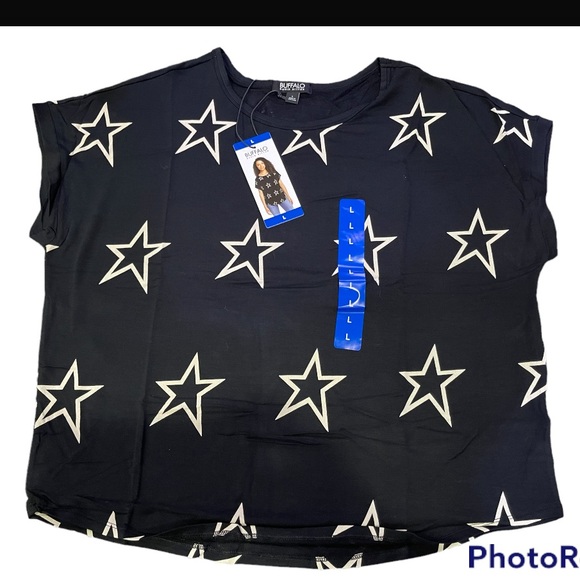 Buffalo Ladies Crewneck Top with Curved hem. Color: Black Stars - Picture 6 of 6